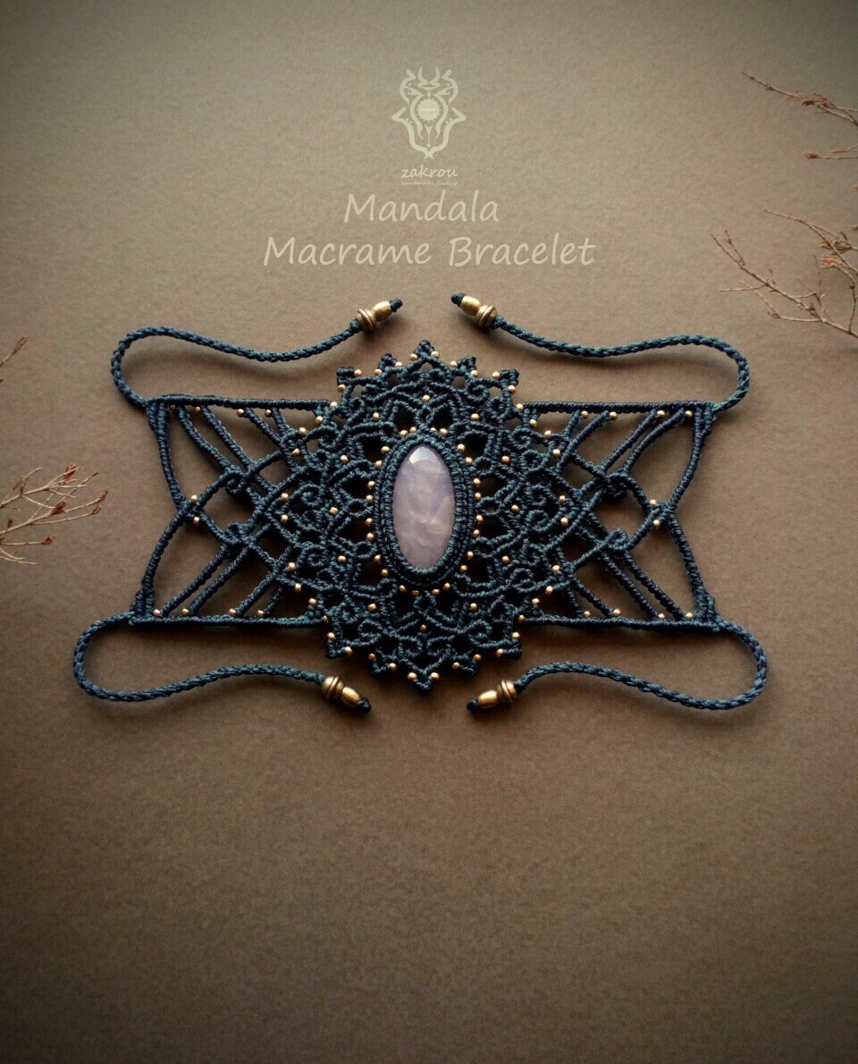 Macrame cuff bracelet with Carnelian stone Micromacrame boho jewelry Statement festival jewel design