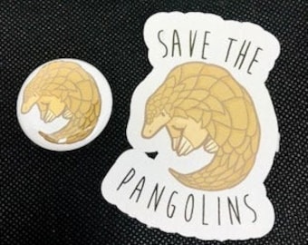 May include: A yellow and white sticker with a cartoon pangolin curled up and the text "Save the Pangolins". A smaller yellow and white button with a cartoon pangolin curled up.
