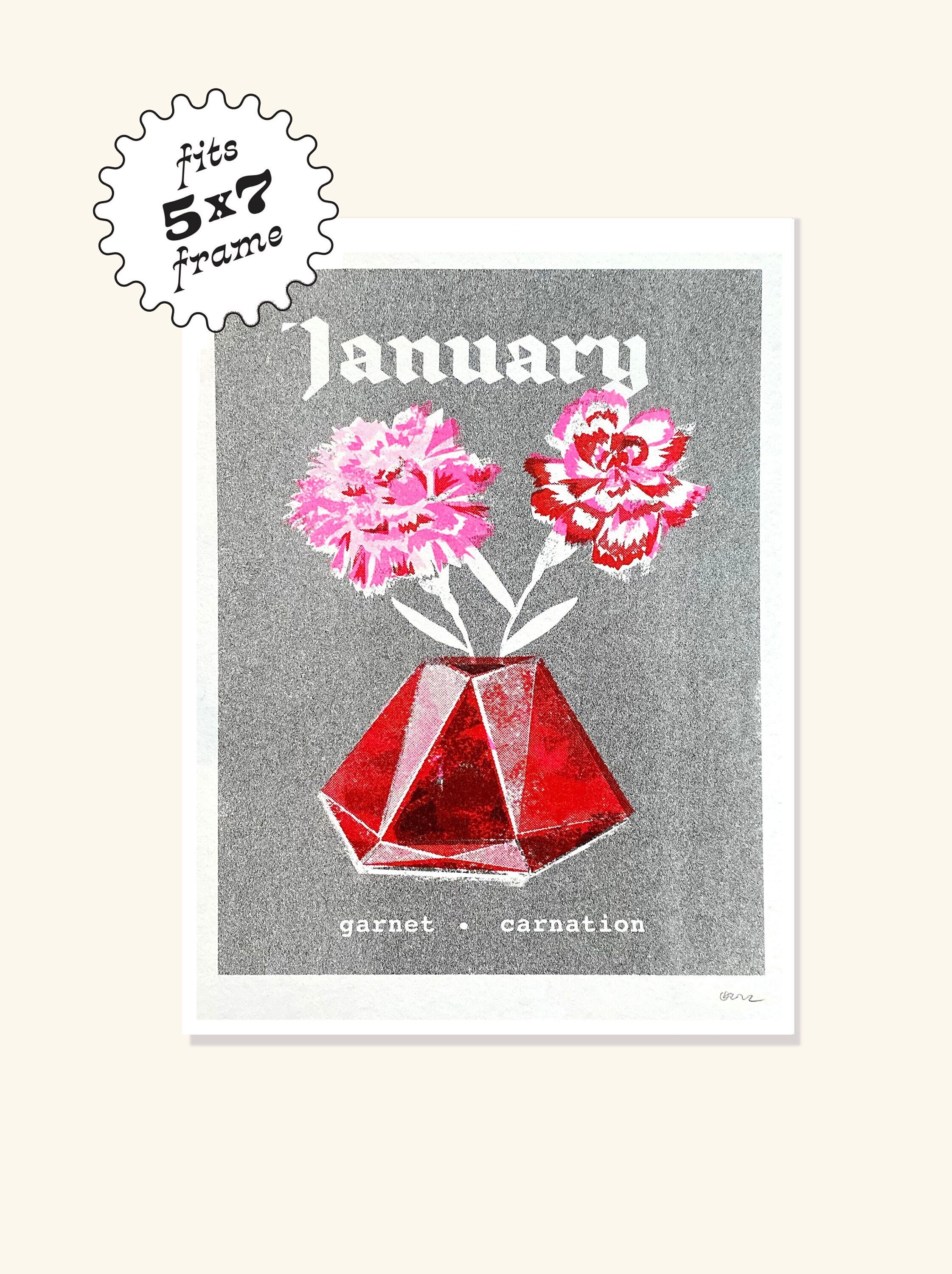 January ~ Birthstone ~ Birth Flower ~ Original Risograph