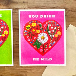 You Drive Me Wild ~ Cartão impresso em risografia original ~ fundo ROSA
