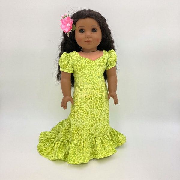 Green Batik Hawaiian Holoku Dress for 18 inch doll