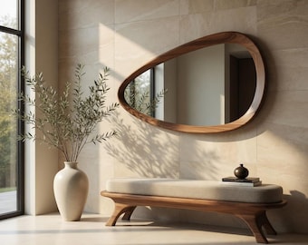 Walnut Asymmetrical Wall Mirror, Organic Wood Mirror, Large Modern Entryway Mirror, Handmade Sculptural Decor