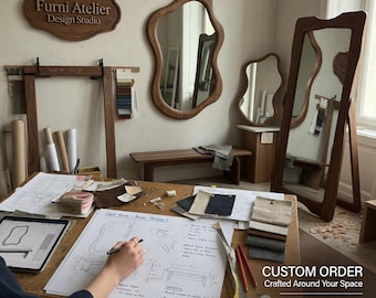 Depósito para diseño de espejo de madera a medida, espejo y banco a medida, presupuesto para espejo de pared a medida, pedido personalizado de Furni Atelier