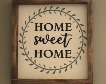 Home Sweet Home Sign, Green Laurel Wreath, Framed, Wood Sign, Hand Painted, White/Black/Green, 13"x13"