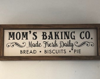 Mom's Baking Company Sign, Framed, Wood Sign, Hand Painted, Ivory/Black - 19"x7"