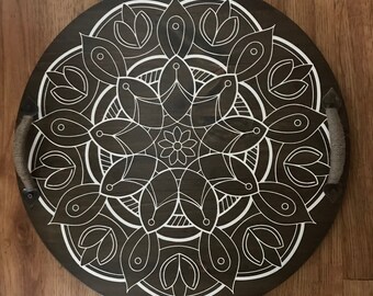 Mandala, Round Wood Tray or Lazy Susan, Ottoman/Coffee Table Tray, Hand Painted, Brown/White, 18"