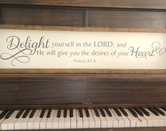 Delight Yourself in the Lord, Psalm 37:4, Framed, Wood Sign, Hand Painted, Ivory/Gray - 37"x9"