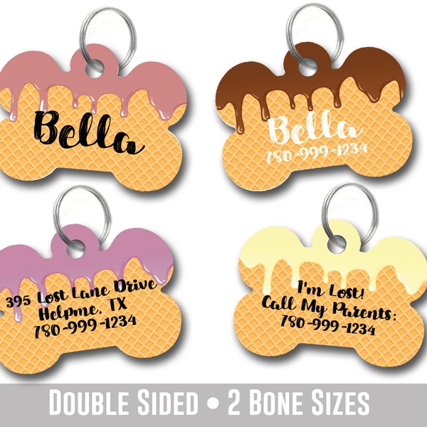 Waffle Cone Pet ID Tag, Custom Double Sided Dog Tag, Ice Cream Pet Tag, Dog Tag for Dogs, Personalized Pet Tag Metal; Large Dog Tag