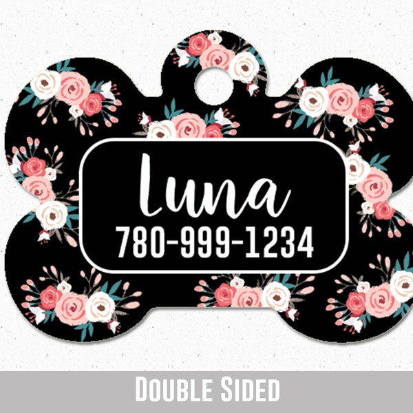 Black Floral Pet ID Tag; Bone shaped dog tag; Double sided personalized pet tag; Cat ID Tag; Lost Pet Tag; Pet Gift; Pet Accessory