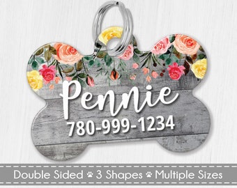Wood Floral Pet Tag, Custom Flower Pet ID Tag, Double Sided Custom Dog Tag for Dog, Cat ID Tag, Personalized Dog Tag, Customized Pet Tag