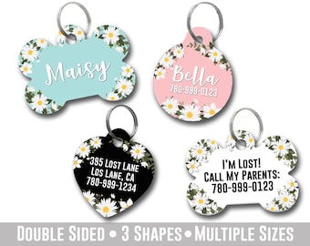 Daisy Flower Pet ID Tag, Custom Dog Cat Tag, Microchipped