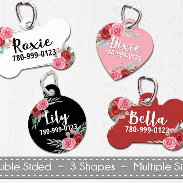 Pet ID Tag, Double Sided Dog Tag for Dog, ID Tag Floral, Custom Pet Tag, Pink and Red Floral Dog Tag, Personalized Floral Pet Tag, 101