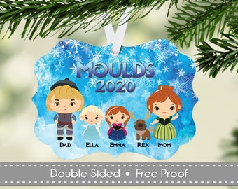 May include: A blue and white Christmas ornament with a watercolor background featuring snowflakes and stars. The ornament features a family of five with the last name "Moulds" and the year "2020". The family members are labeled "Dad", "Ella", "Emma", "Rex", and "Mom".