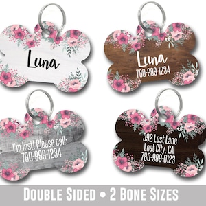 Rustic Floral Dog Tag for Dogs, Faux Wood with Flowers Pet Tag Dog, Personalized Double Sided Pet ID Tag Large, Custom Dog Tag for Small Dog