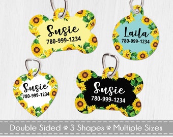 Sunflower Pet ID Tag, Double Sided Dog Tag for Dog, Custom Pet Tag, ID Tag Floral, Sunflower Dog Tag, Personalized Floral Pet Tag