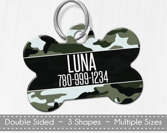 Personalized Camo Pet ID Tag, Custom Dog Tag, Bone, Circle, Heart