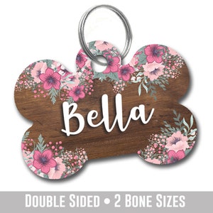 Rustic Floral Pet ID Tag, Wood with Flowers Dog Tag for Dogs, Personalized Double Sided Pet Tag Large, Custom Dog Tag for Small Dog