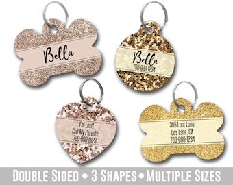 Personalized Faux Rose Gold Glitter Pet ID Tag, Custom Dog & Cat Tag