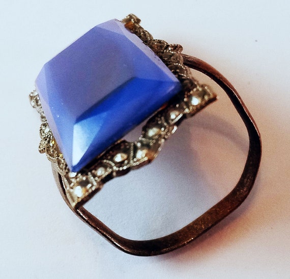 Antique 1930s Art Deco Blue Glass Ring Marcasites… - image 3