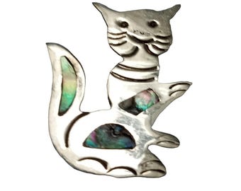 Vintage 1970s Sterling Silver Abalone Happy Kitty Cat Brooch Mexico  VFG