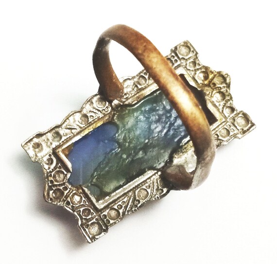 Antique 1930s Art Deco Blue Glass Ring Marcasites… - image 4