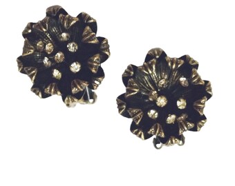 Vintage 1960s - Early 1970s  Signed Alice Caviness Clip Earrings Bronze Clear Rhinestones  VFG