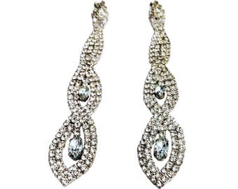 Vintage 1970s Shoulder Duster 4 Inch Long Pierced Earrings Clear Rhinestones  VFG