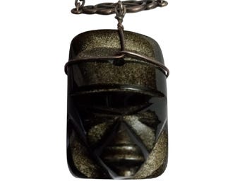 Vintage 1970s to Early 80s Artisan Made Gold Obsidian Tiki Mask Necklace Fancy Sterling Chain  VFG