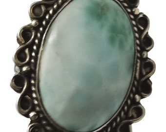 Vintage 1980s Large Green Oval Larimar Ring Set in 925 Silver VFG