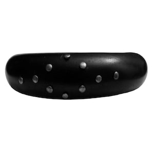 May include: A black, oval-shaped bangle bracelet with small, silver-colored studs evenly spaced across its surface. The bracelet has a smooth, polished finish, and the studs provide a contrasting texture and visual interest. This accessory is suitable for everyday wear.