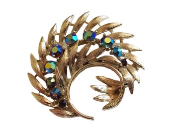 Vintage 1960s Signed BSK Gold Half Wreath Brooch with Teal Blue Aurora Borealis Rhinestones VFG