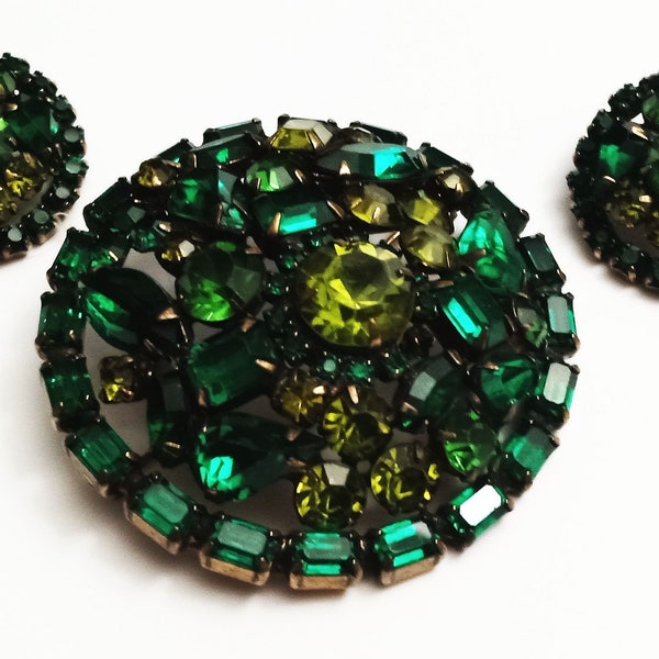 Vintage 1950s WEISS Brooch and Earrings Set Demi Parure Greens  VFG