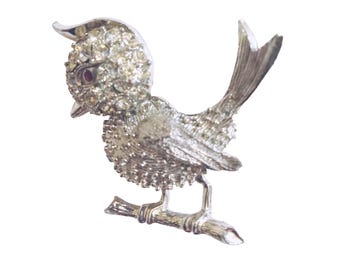 Vintage 1960s Silver Tone Clear Rhinestone Chicken Little On Branch Bird Brooch VFG