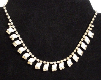 Sweet 1950s Vintage Milk Glass & Clear Rhinestones Choker Necklace VFG