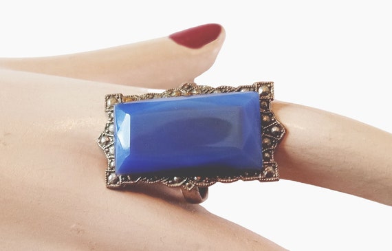 Antique 1930s Art Deco Blue Glass Ring Marcasites… - image 7