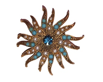 Vintage 1940s Faux Turquoise & Seed Pearl Flower Pin Gold Tone Metal VFG