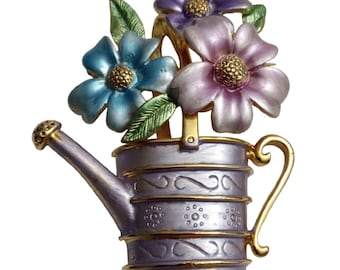 Vintage 1980s Sweet Gardeners Watering Can With Flowers Enamel Brooch VFG