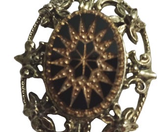 Vintage 1970s Victorian Mourning Style Black & Gold Oval Brooch Fleur de Lis  VFG