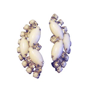 Vintage 1950s Milk Glass Clear Rhinestones Clip On Ear Climbers Silver Tone Metal  VFG