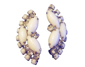 Vintage 1950s Milk Glass Clear Rhinestones Clip On Ear Climbers Silver Tone Metal  VFG