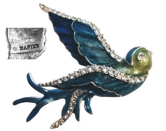 Vintage 1980s Signed Napier Blue Bird Brooch Enamel Rhinestones VFG