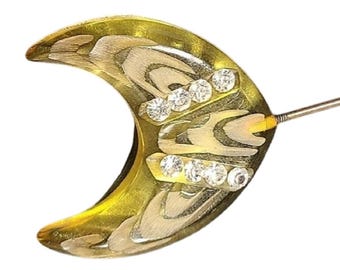 Antique Art Deco Large Jabot or Hat Pin Yellow Carved Celluloid Clear Rhinestones  VFG