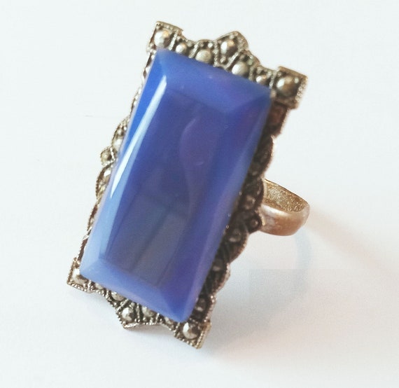 Antique 1930s Art Deco Blue Glass Ring Marcasites… - image 2