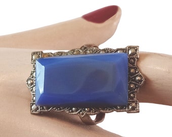 Antique 1930s Art Deco Blue Glass Ring Marcasites Frame Brass Band VFG