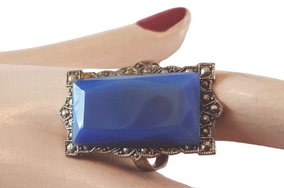 Antique 1930s Art Deco Blue Glass Ring Marcasites… - image 1