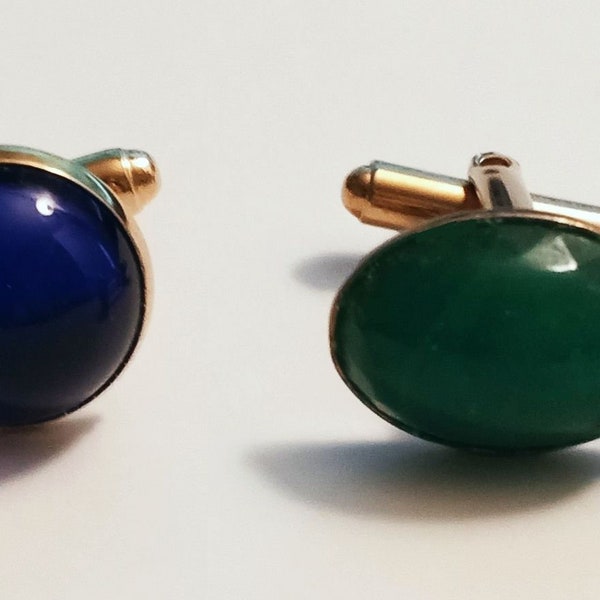 Vintage 1960s MCM Cuff Links Two Sets Cobalt Blue Glass Jade Green Glass VFG