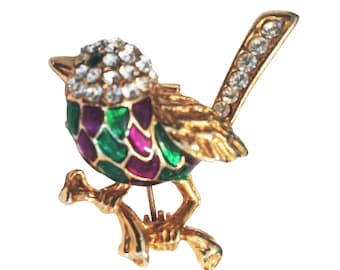Vintage 1980s Tiny Bird on Branch Pin Enamel Rhinestones VFG