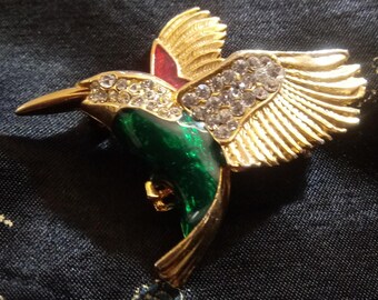 Vintage 1970s - 80s Green & Red Enamel Hummingbird Brooch - Clear Rhinestones  VFG