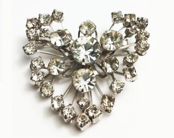 Vintage 1960s Rare Signed By Gale Clear Rhinestones Abstract Heart Shaped Brooch  VFG