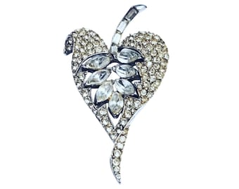 Stunning Vintage 1950s Large Clear Rhinestone Leaf Brooch Silver Metal VFG